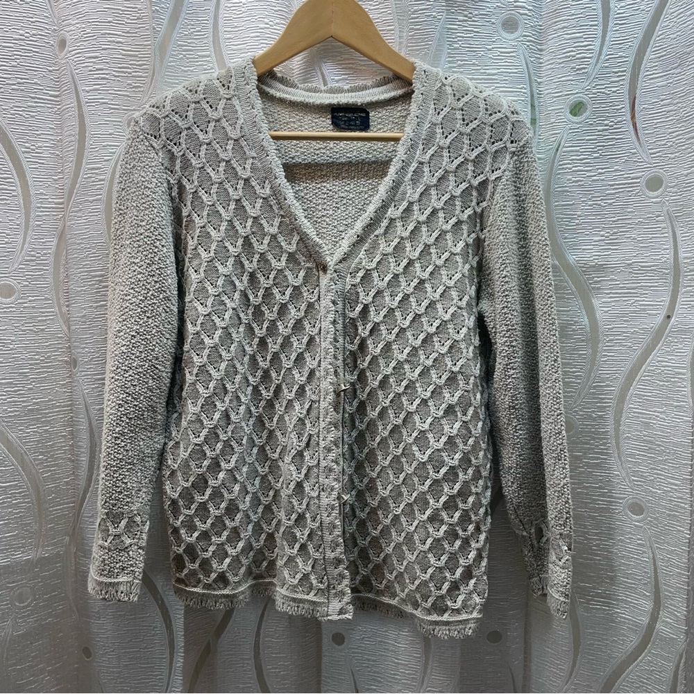 Andrilene Honeycomb Knit‎ Cardigan Women M-L Beige Excellent Open Work V-Neck
